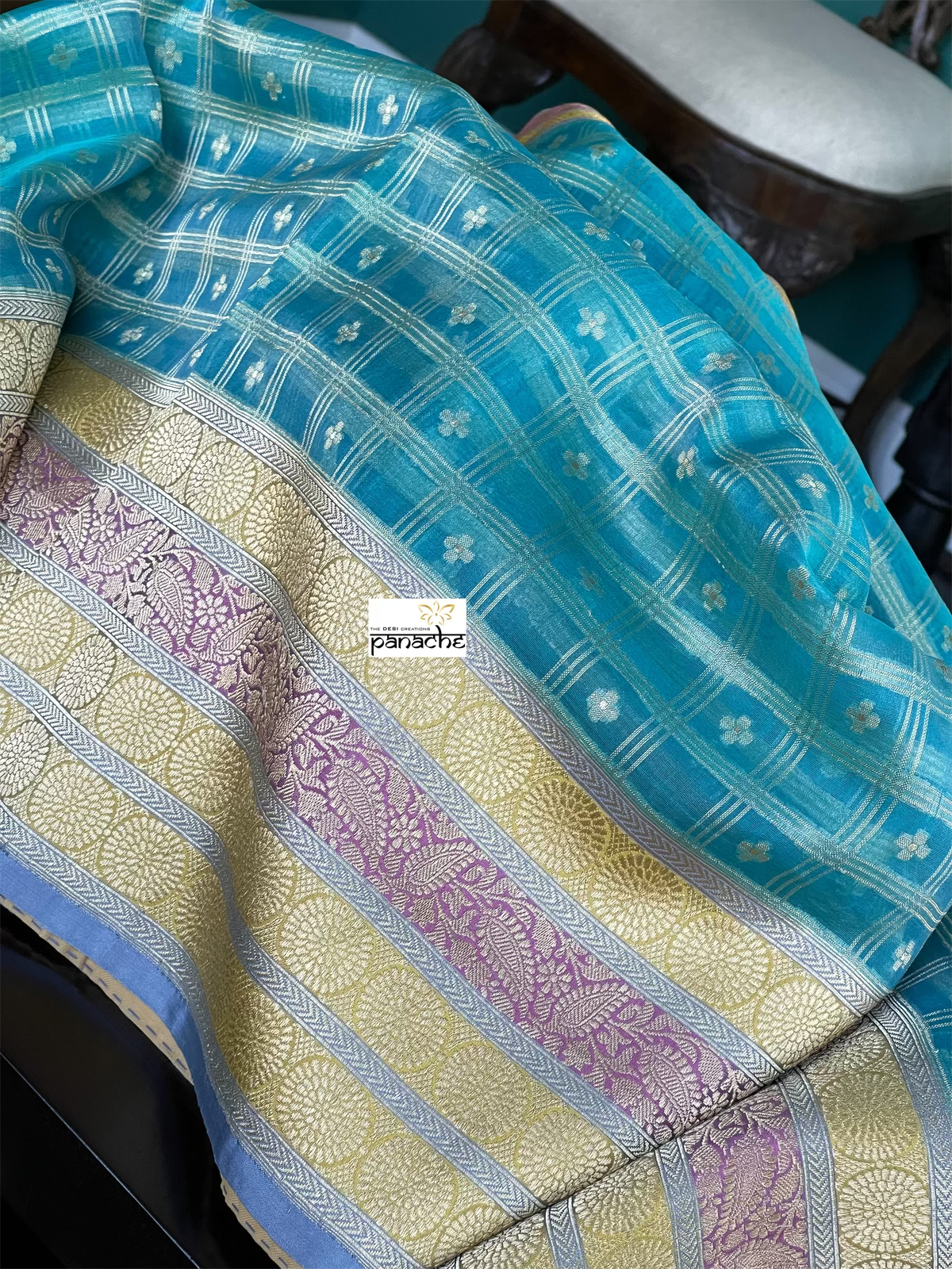 Organza Silk Banarasi - Blue Checkered