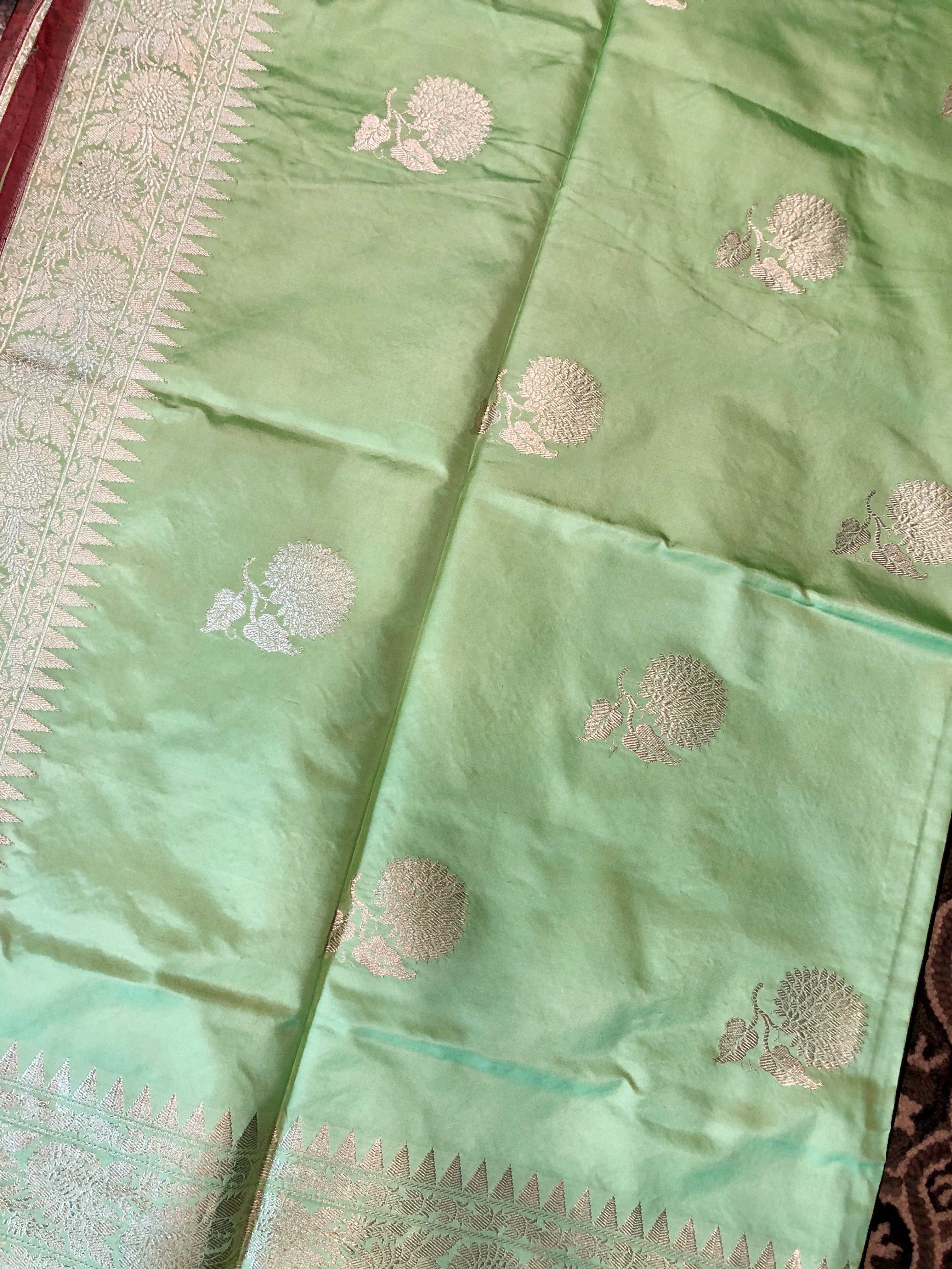 Katan Silk Banarasi - Mint Green Khadwa Silver Zari Woven