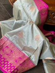 Katan Silk Banarasi - Silver Grey Magenta