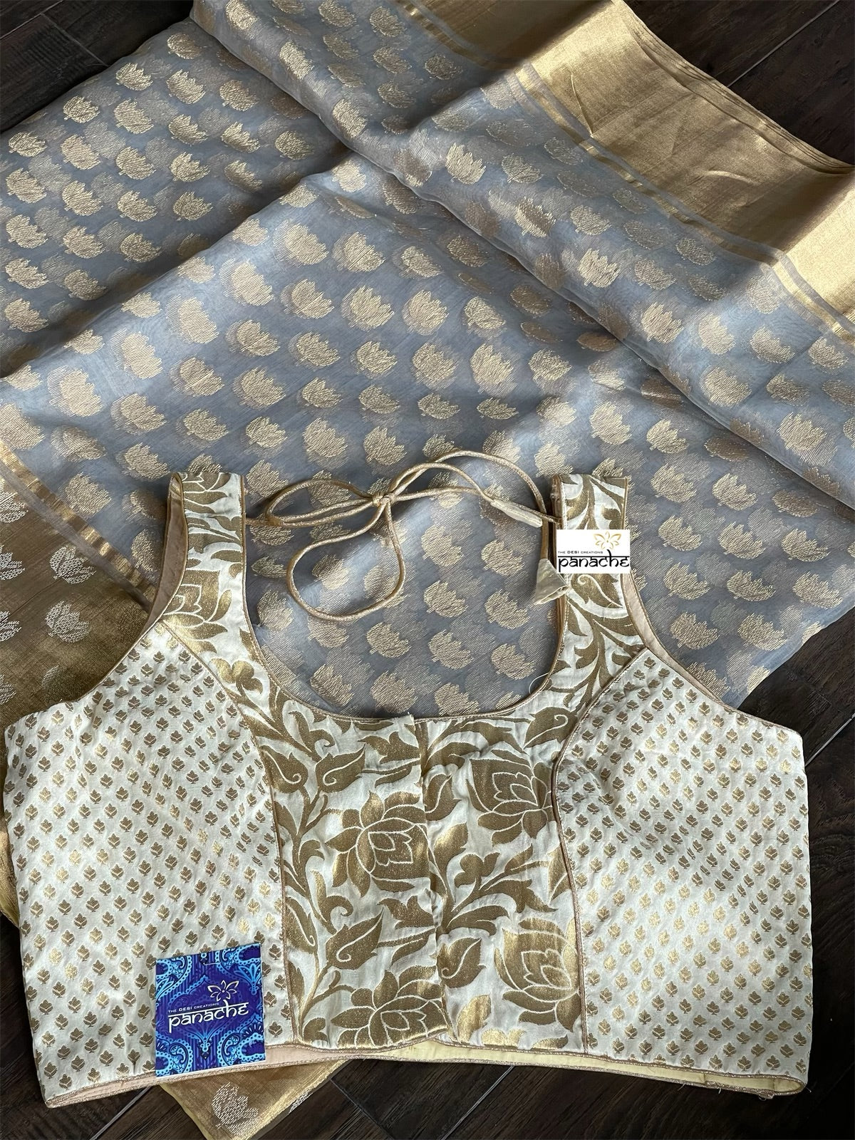 Pure Chanderi Organza Silk - Grey Eknaliya Lotus Woven