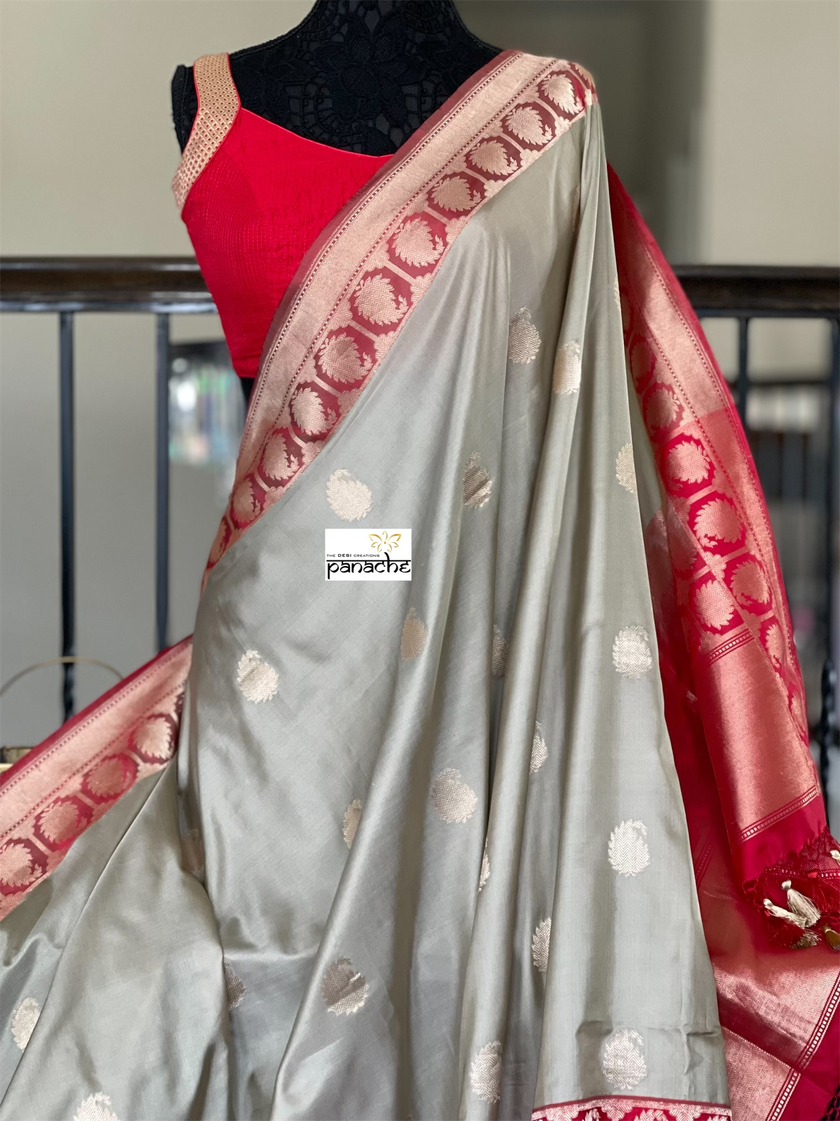 Pure Katan Silk Banarasi - Grey Red