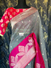Kora Linen Silk Banarsi - Black White Checks Pink