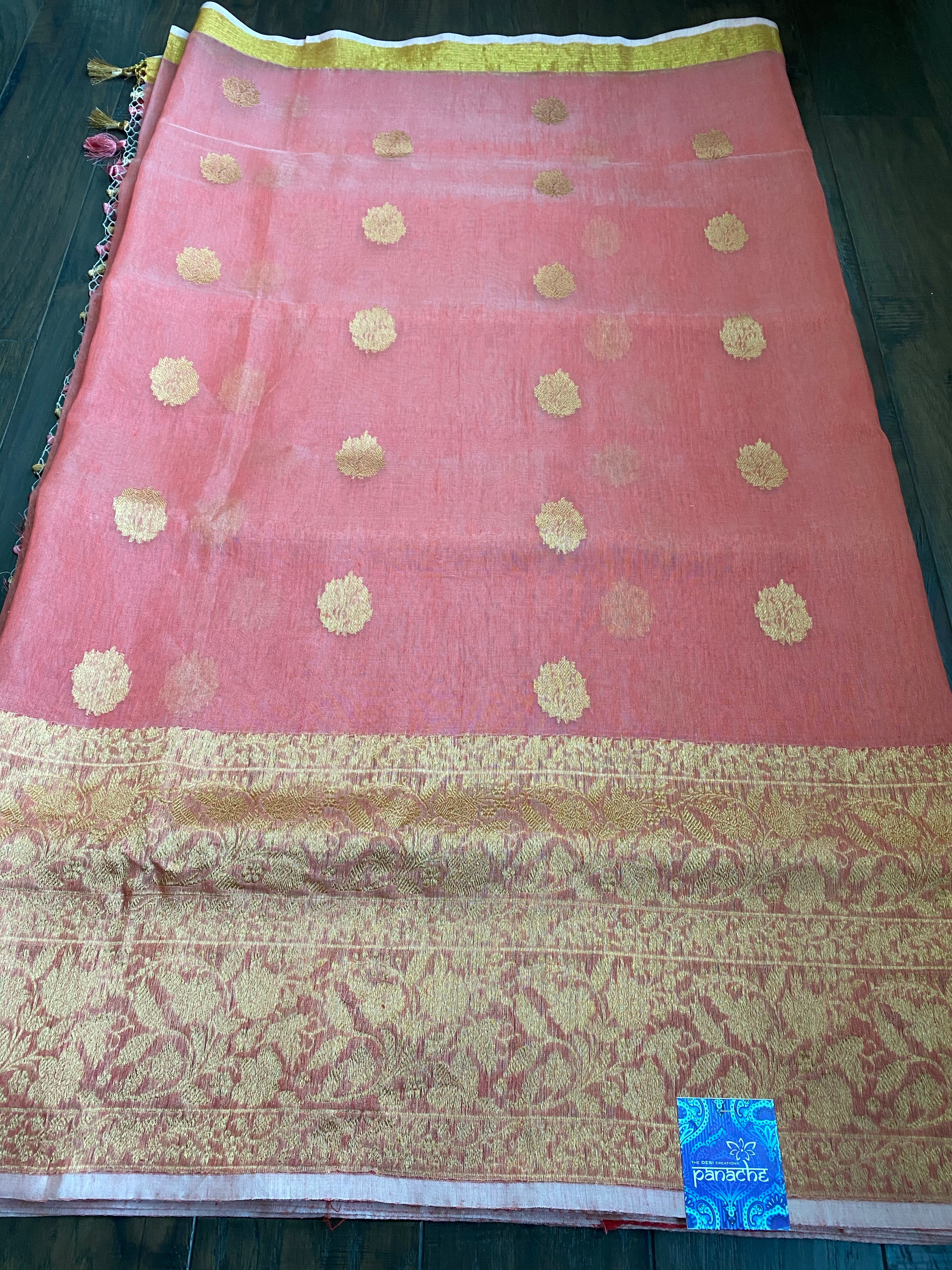 Linen Silk Banarsi - Peach Golden Zari