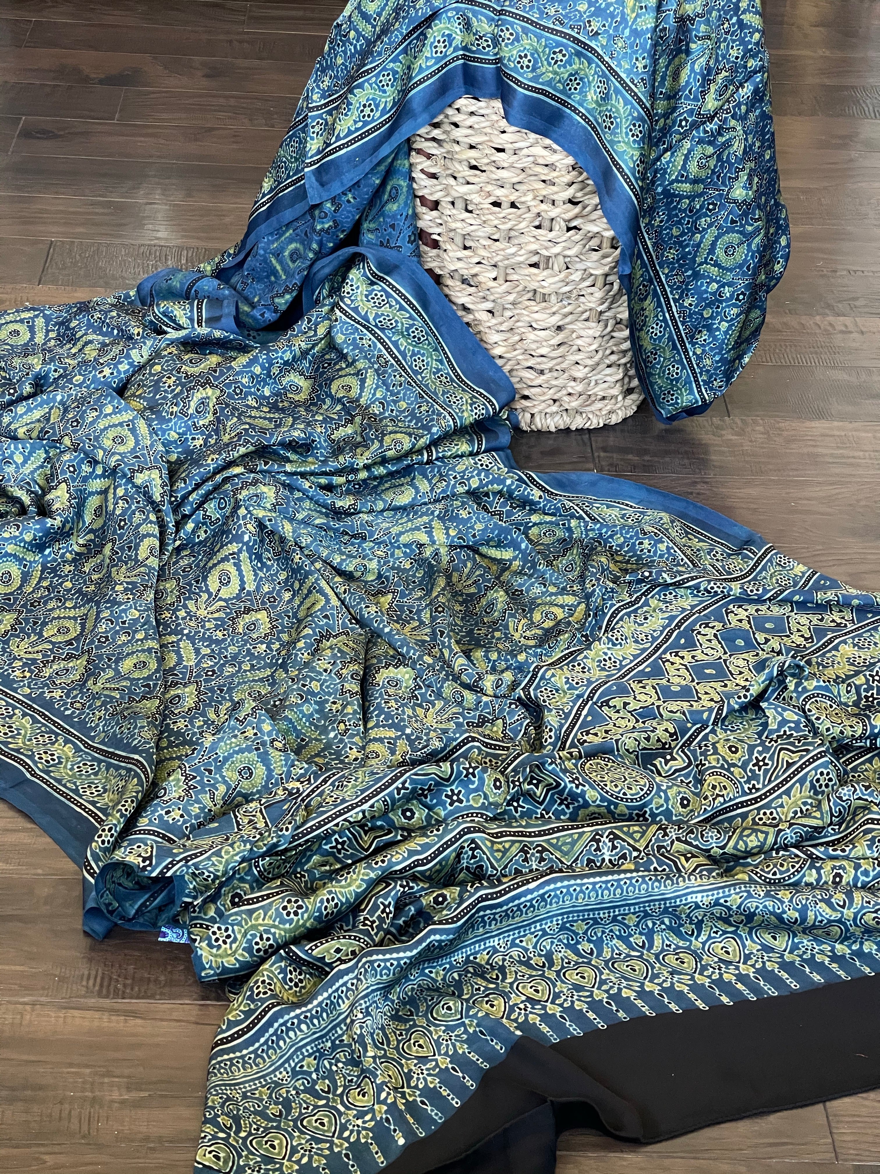 Silk Ajrakh - Persian Blue Ochre Yellow