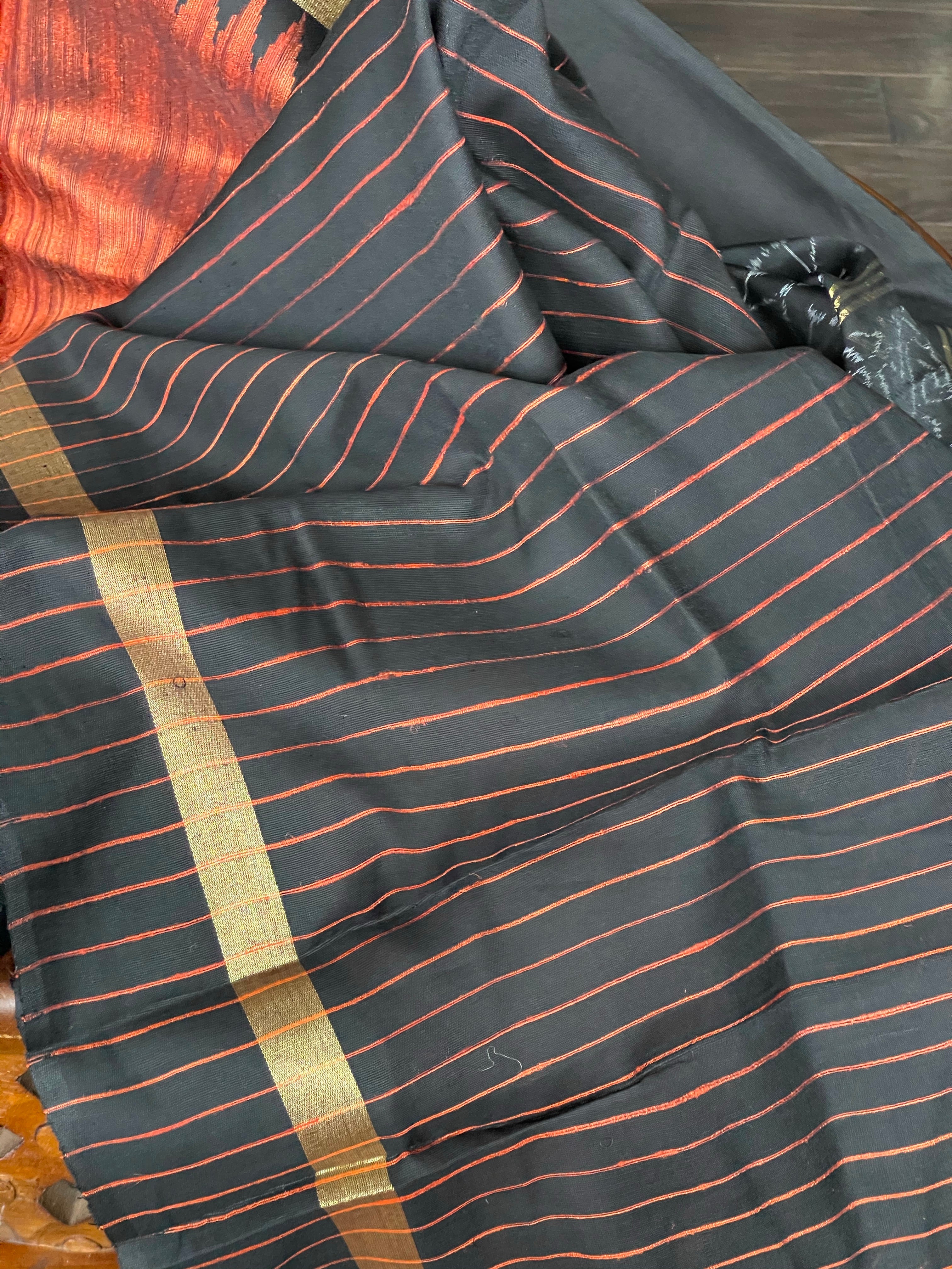 Pure Raw Silk - Rust Brown Black Temple