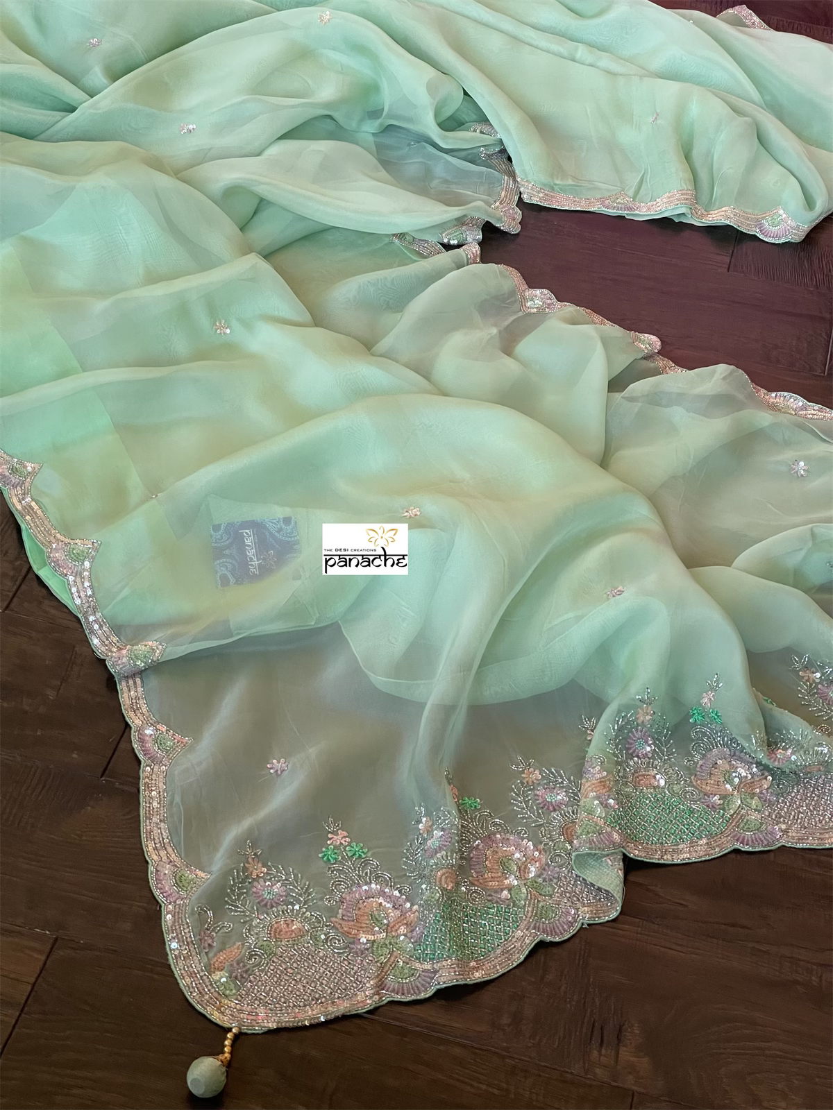 Designer Satin Organza - Mint Hand Embroidered