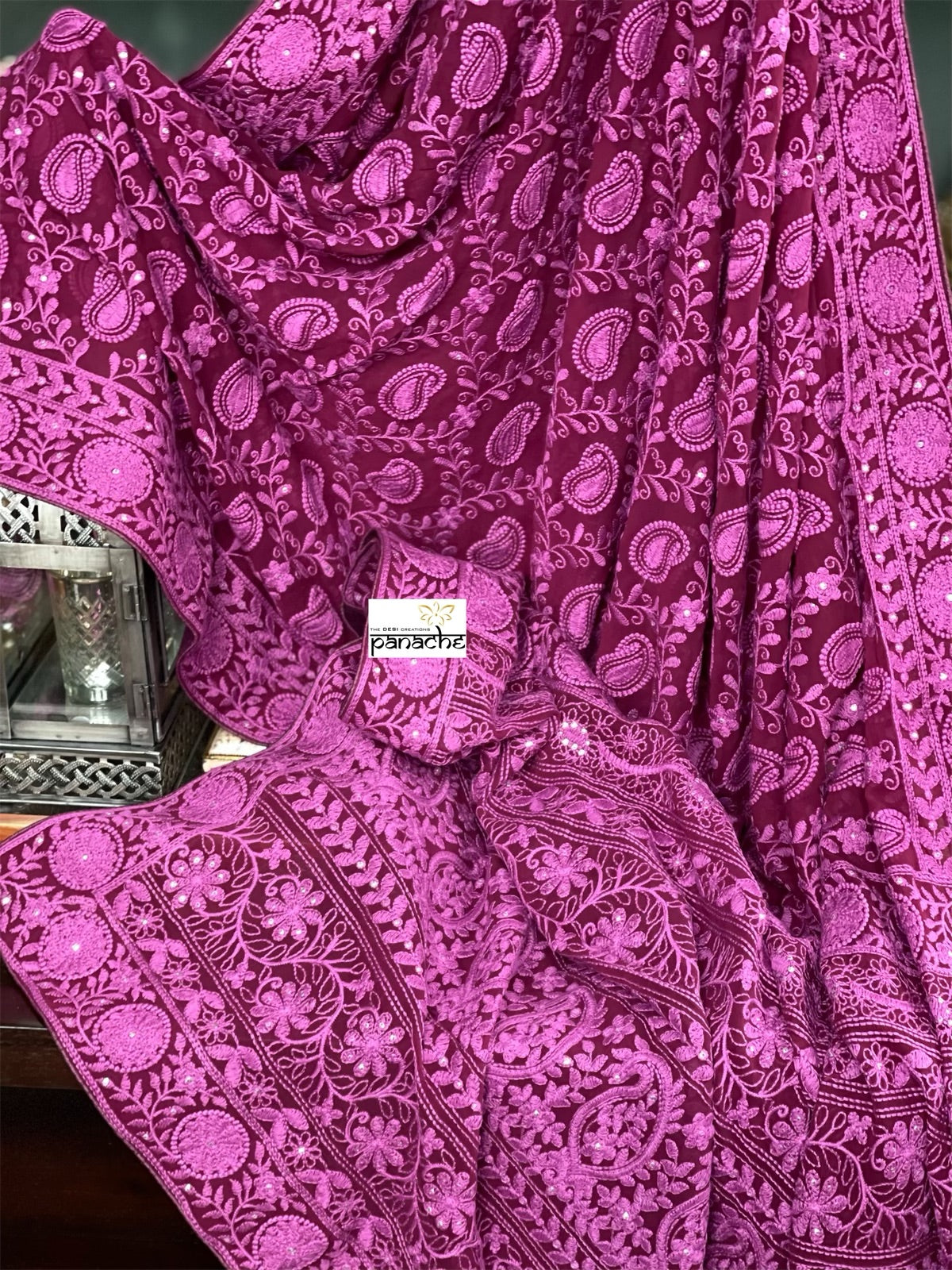 Designer Georgette Chikankari - Maroon Purple Paisley