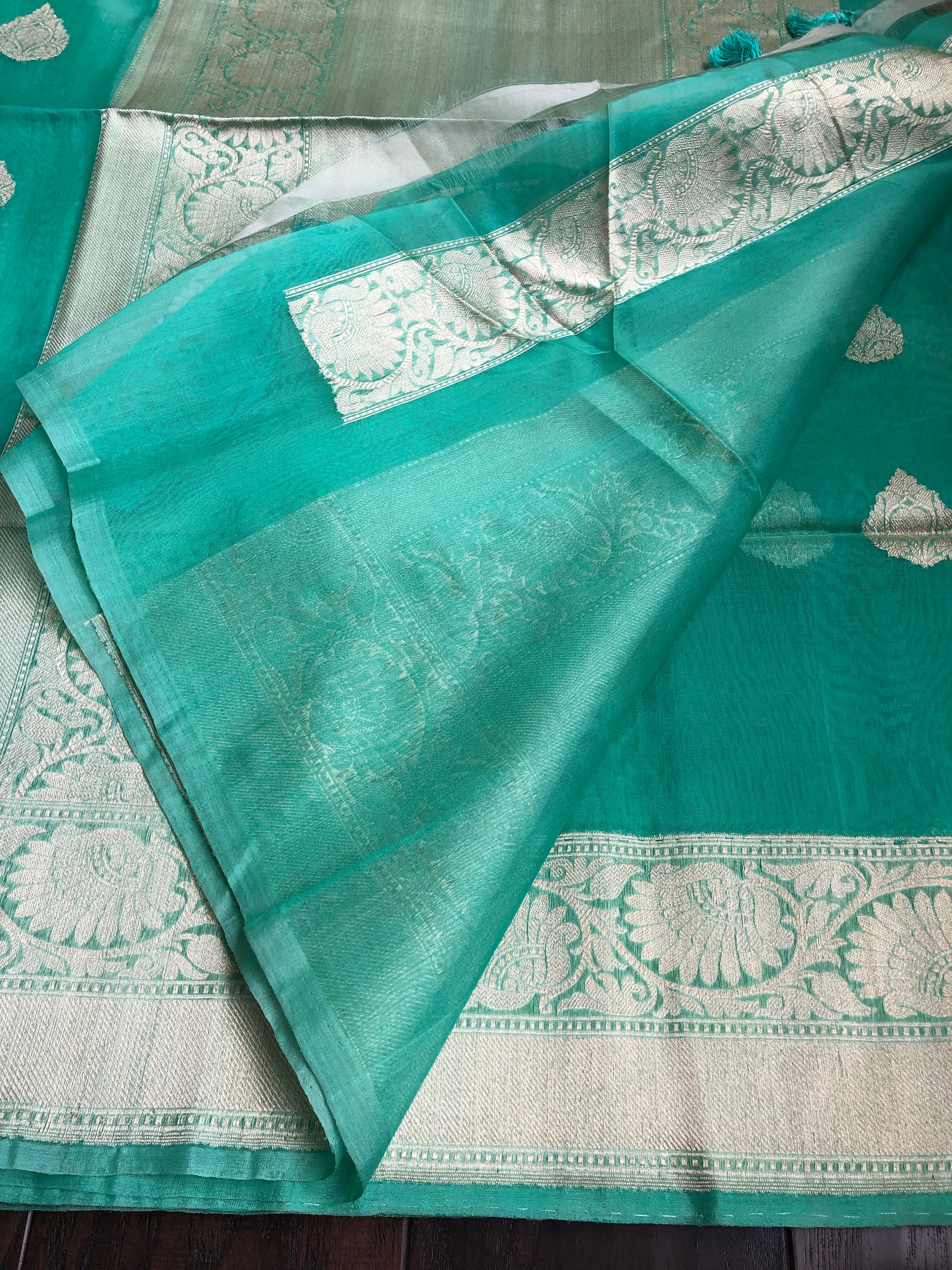 Organza Silk Banarsi - Sea Green Golden Zari