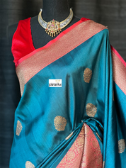 Tussar Silk Banarasi - Teal Blue Red Patli Pallu