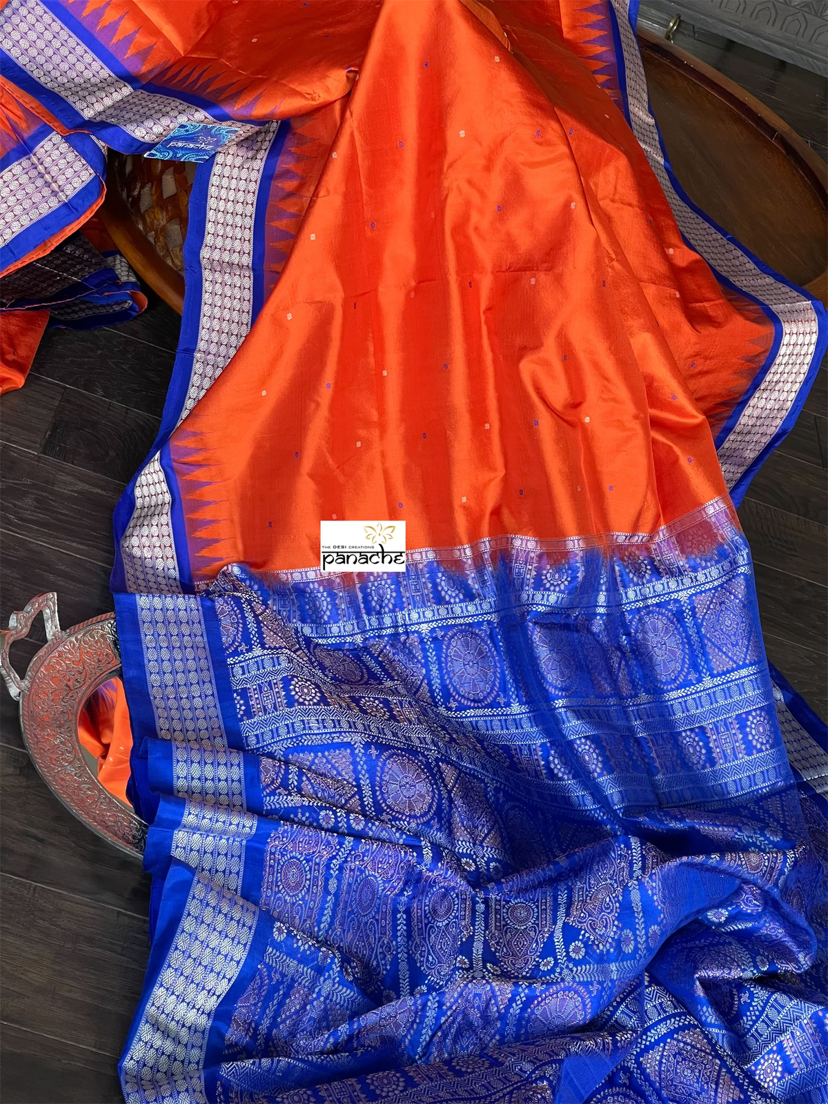 Pure Silk Bomkai - Orange Royal Blue