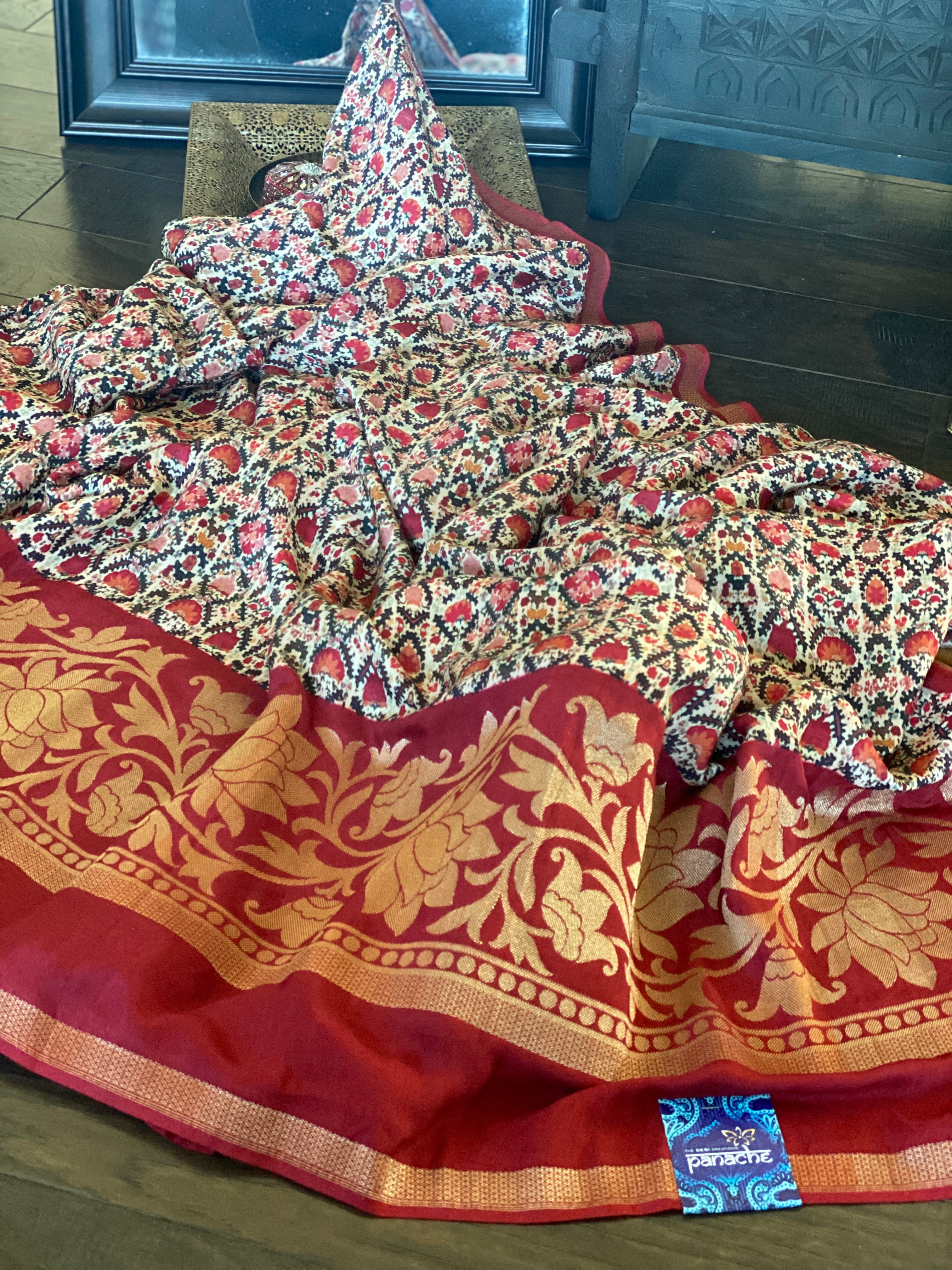 Designer Crepe Silk  - Offwhite Maroon