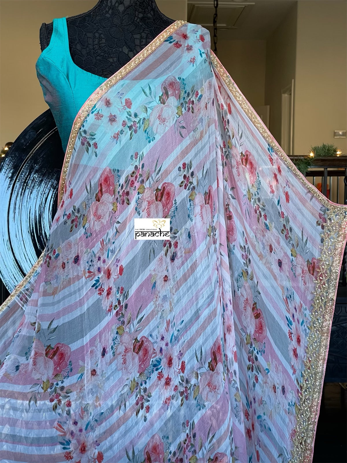 Designer Georgette Striped - Pink Floral