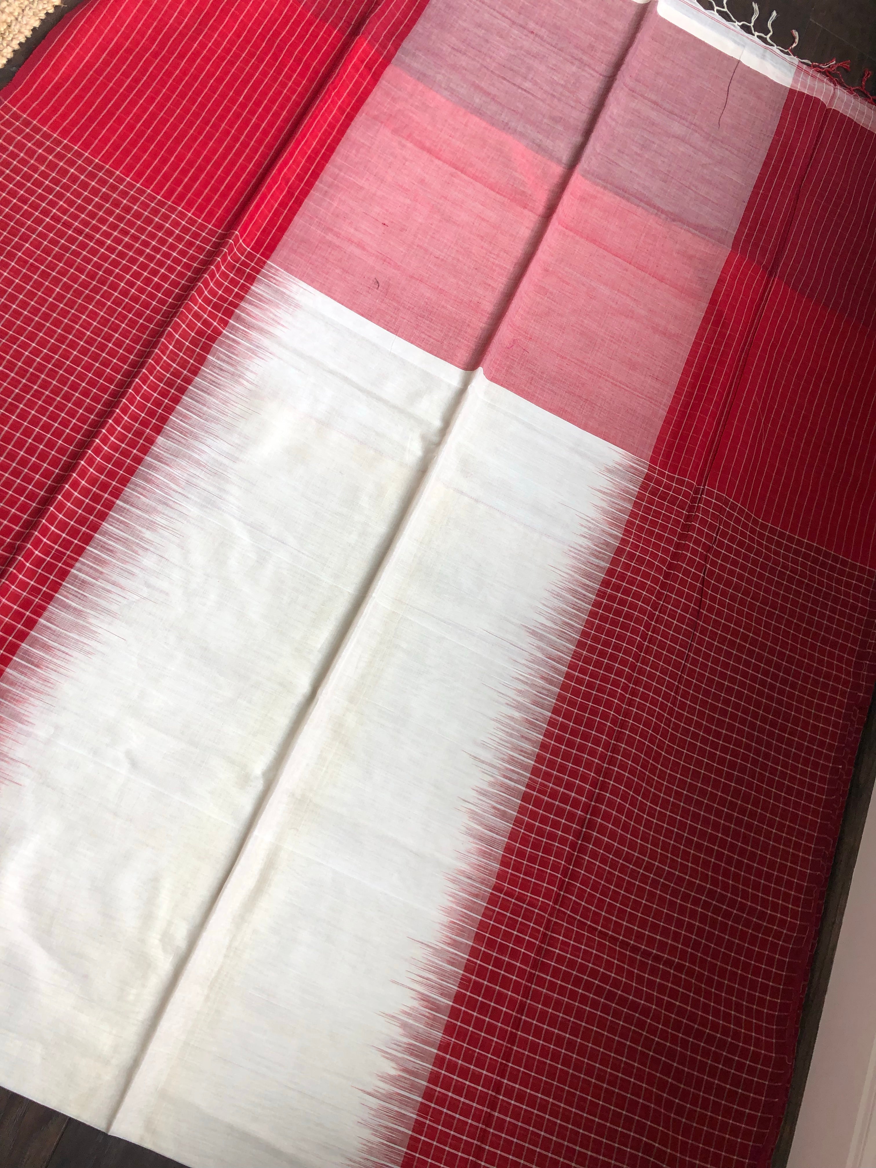Pure Khadi Cotton Handloom - Off White Red-Border Woven