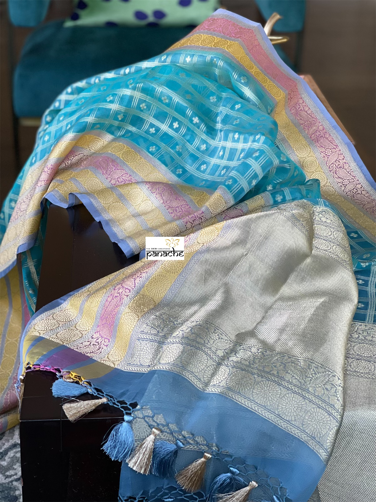 Organza Silk Banarasi - Blue Checkered