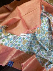 Pure Cotton Silk Kalamkari Banarasi- Off White Peach