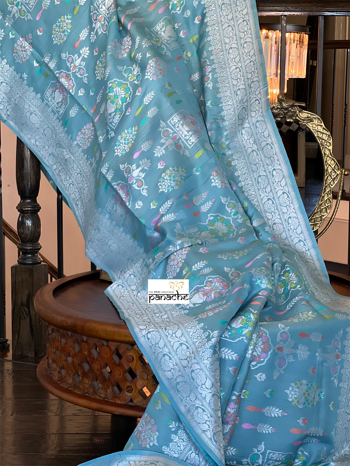 Tussar Silk Banarasi- Light Firozi Blue Silver Zari
