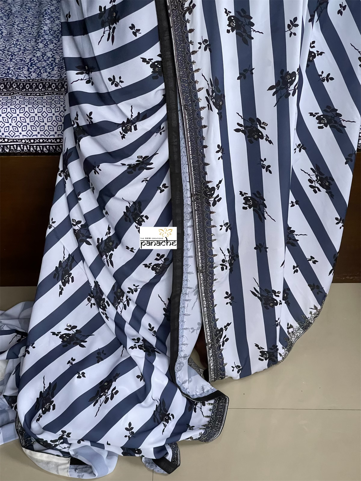 Designer Georgette- White Blue Black