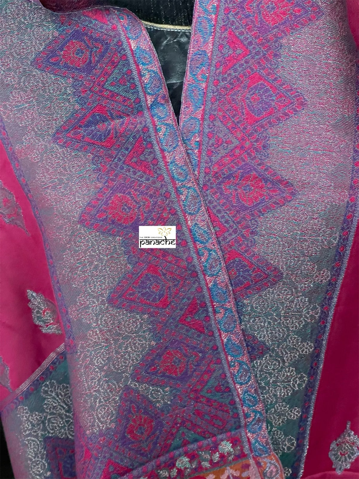 Kashmiri Semi Pashmina Stole - Pink Mustard Purple