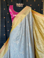 Katan Silk Banarasi - Grey Ochre Yellow