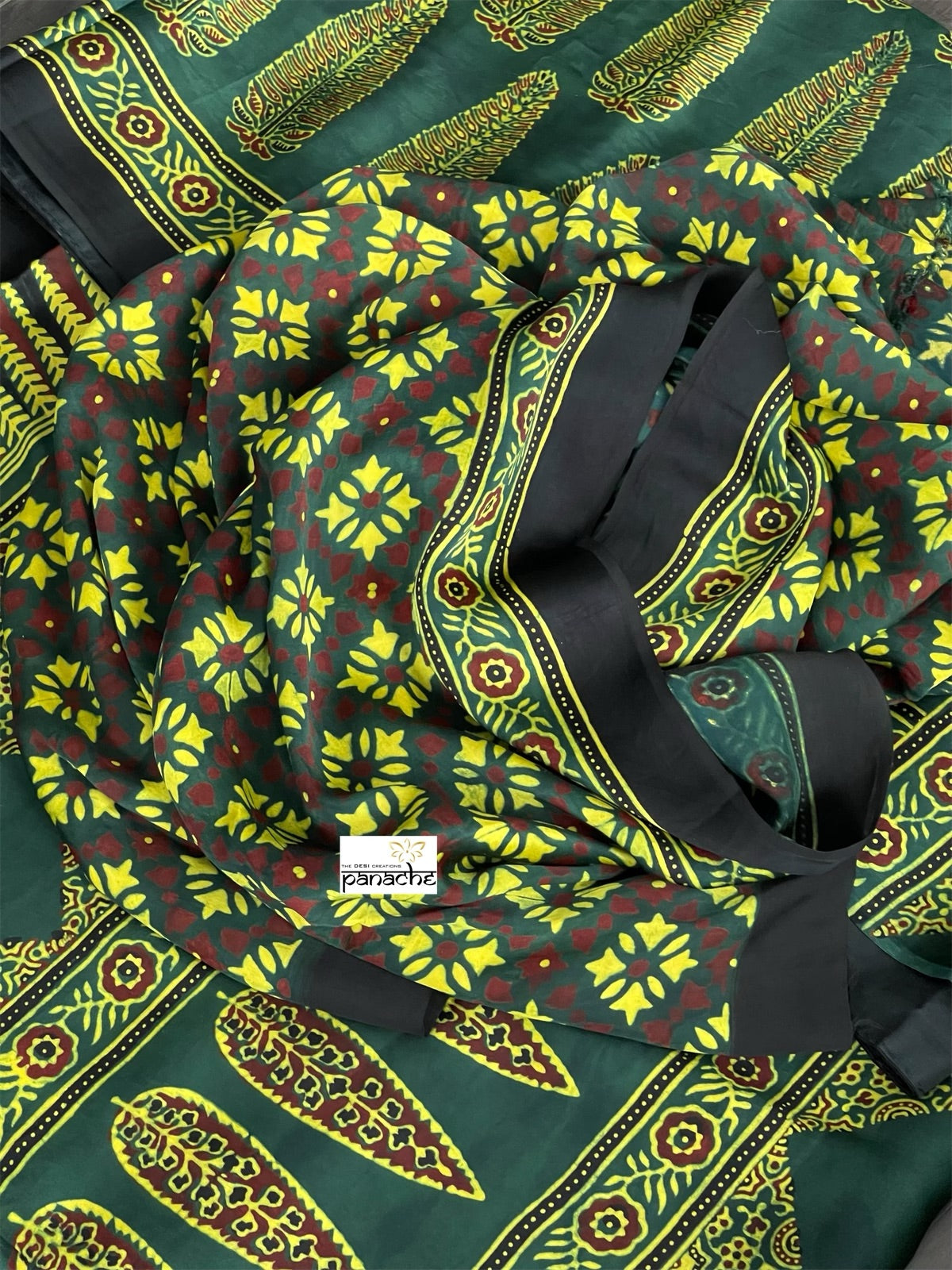 Silk Ajrakh - Green Yellow Black