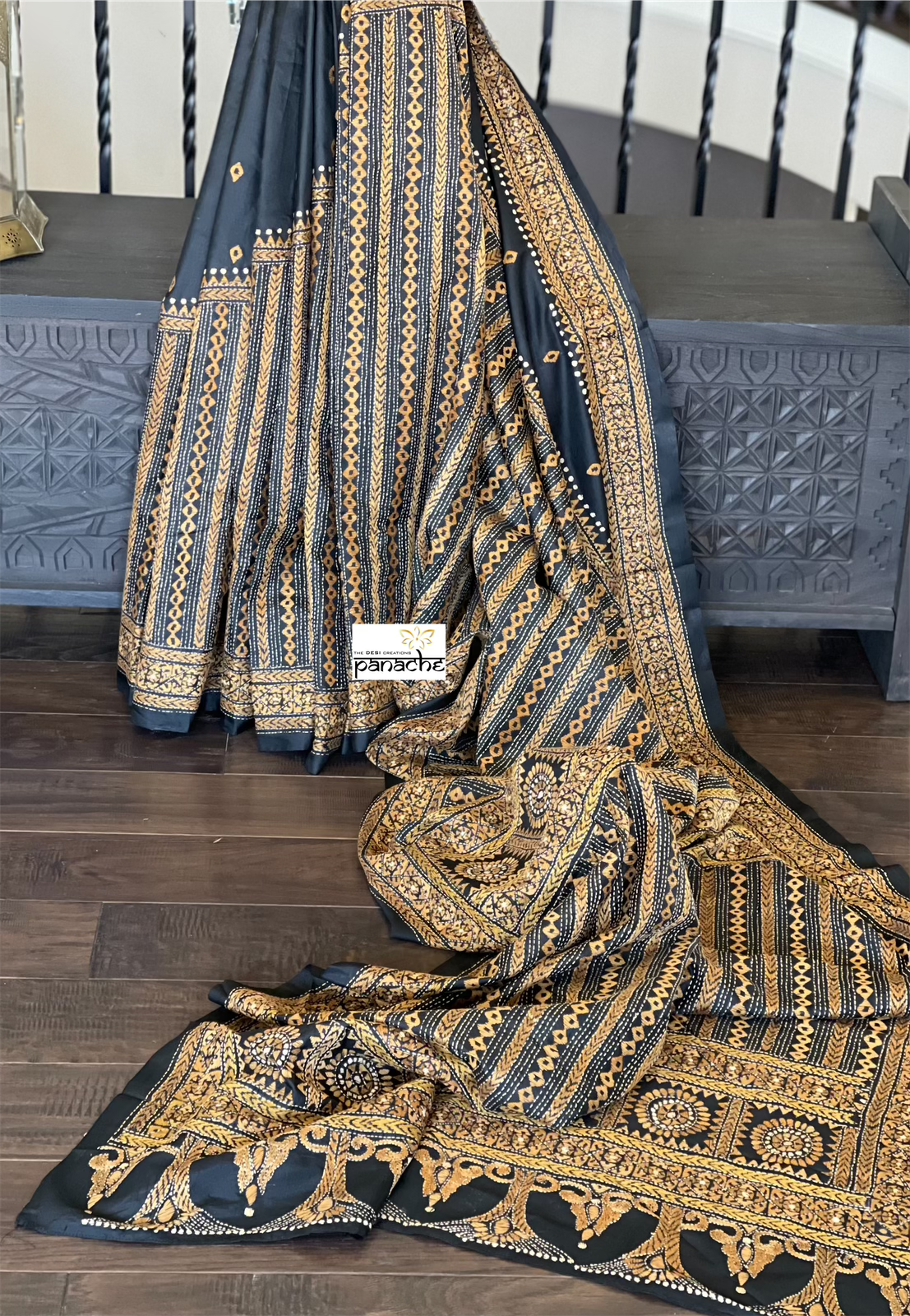 Pure Bangalore Silk Kantha Stitch -  Black Multi Color
