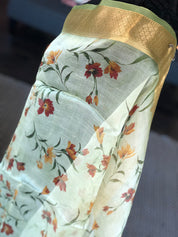 Banarasi Organza Floral - Light Green Golden Border