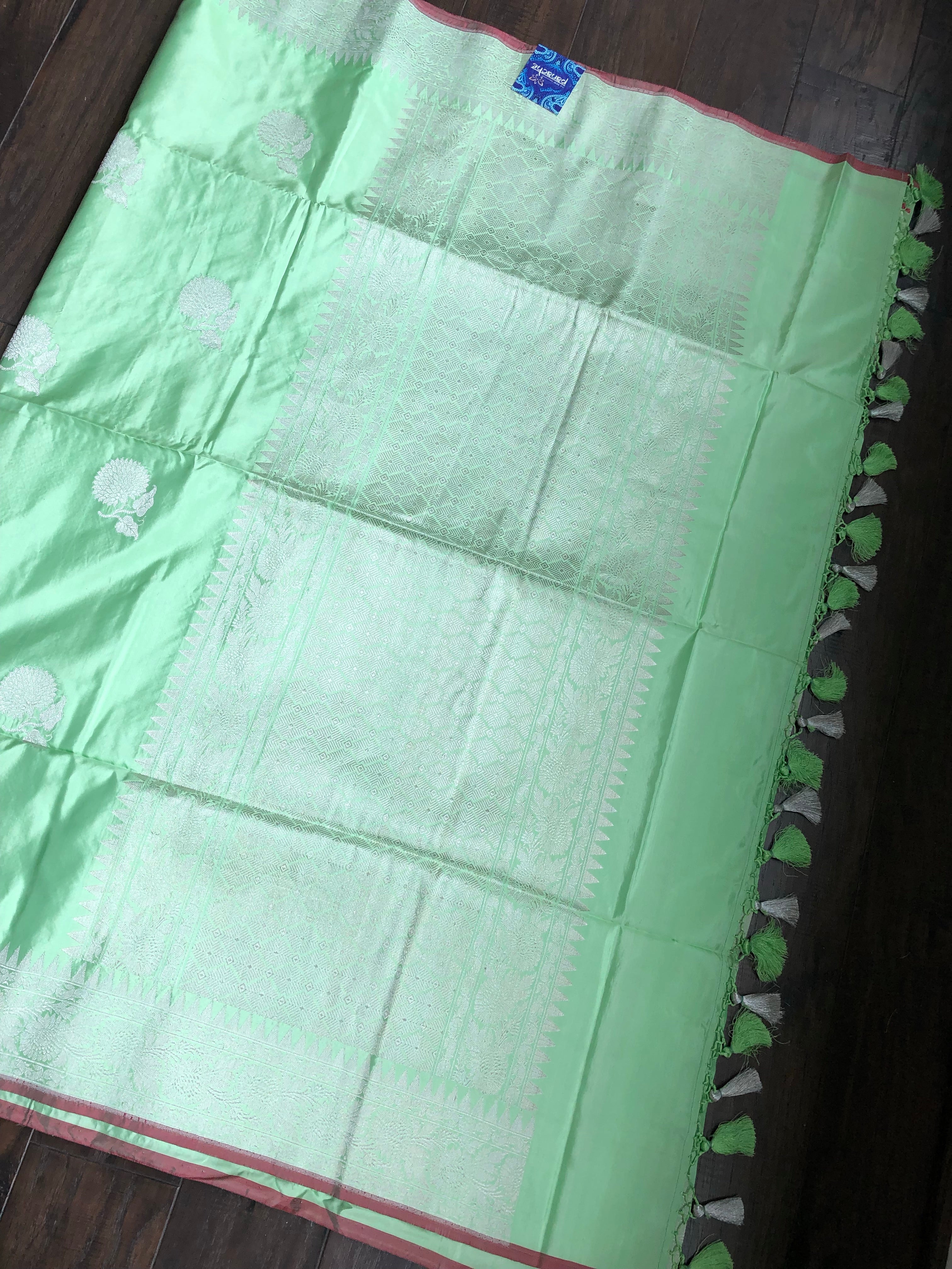 Katan Silk Banarasi - Mint Green Khadwa Silver Zari Woven