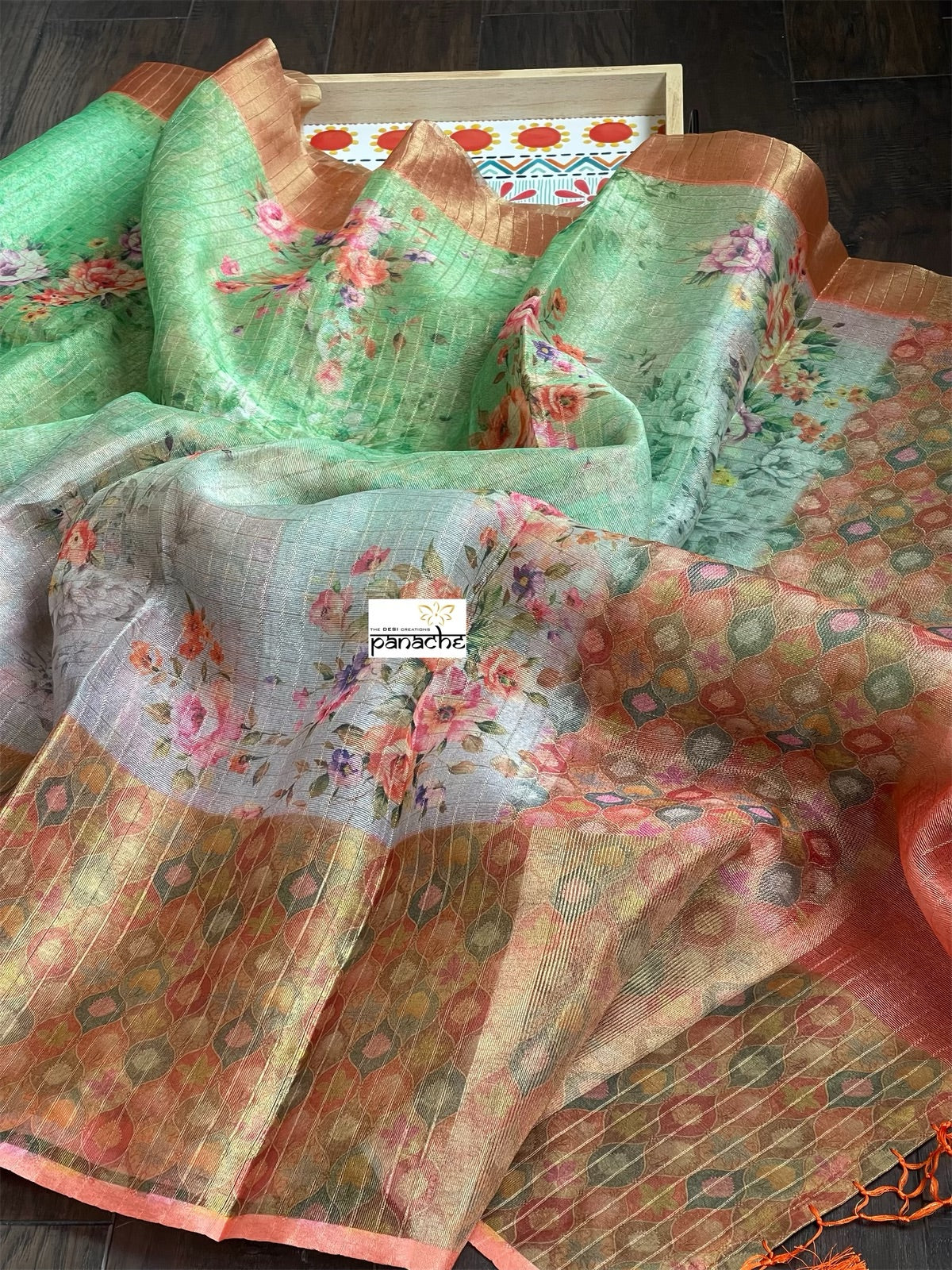 Tissue Kota Silk Printed - Green Orange Shaded