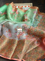 Tissue Kota Silk Printed - Green Orange Shaded