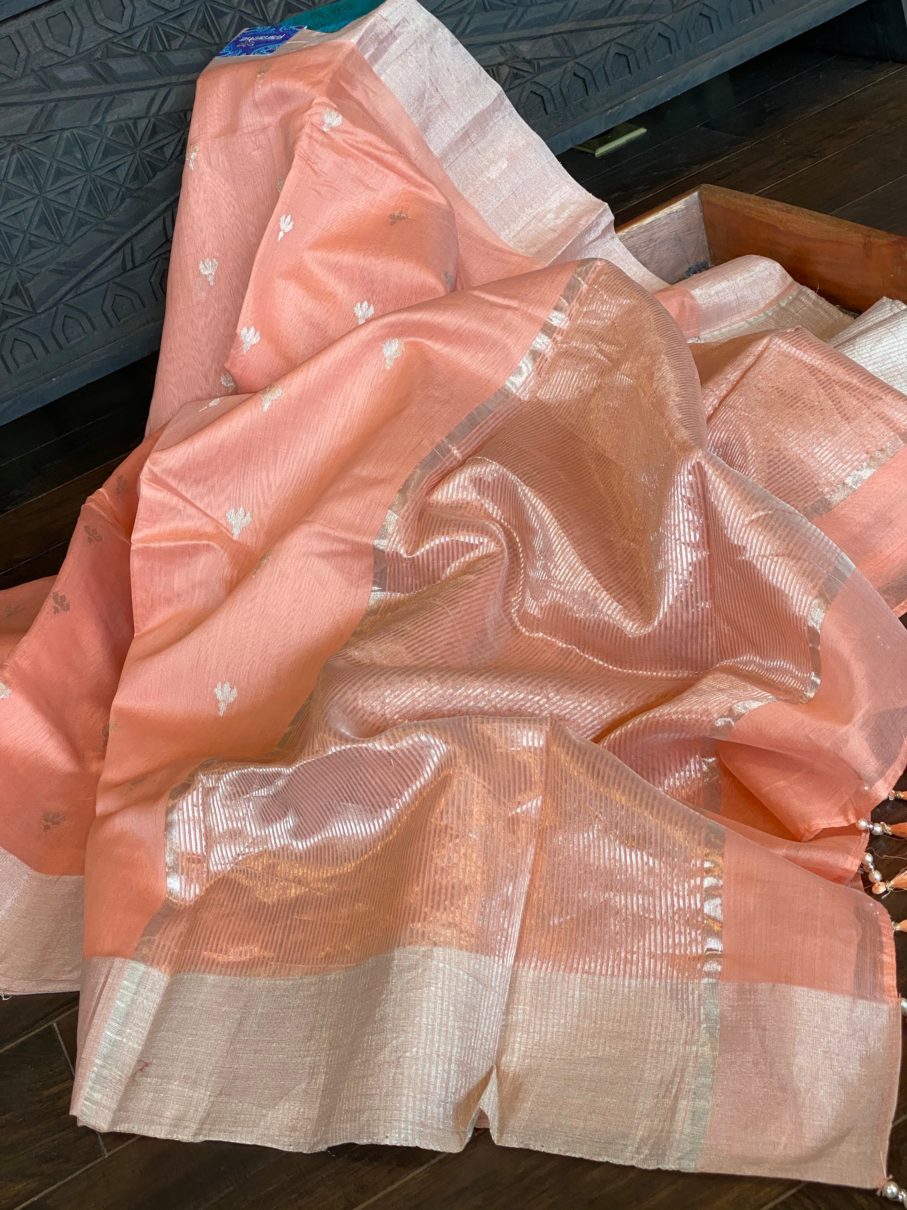 Chanderi Silk Cotton - Peach Silver Zari