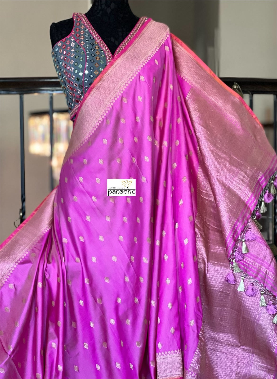Pure Silk Iktara Banarasi - Pink Antique Golden Zari