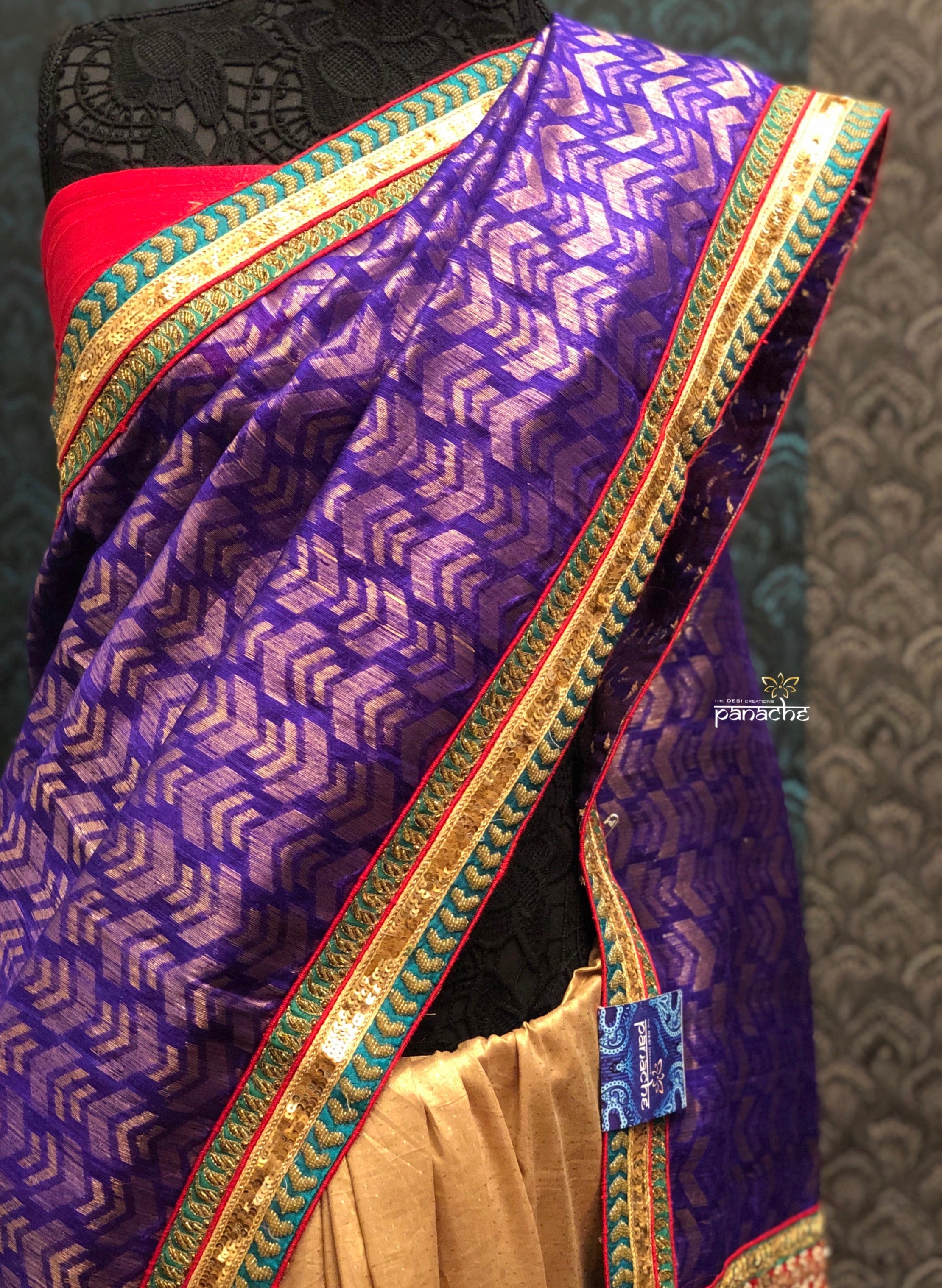 Designer Tussar Silk - Purple Golden Half Half