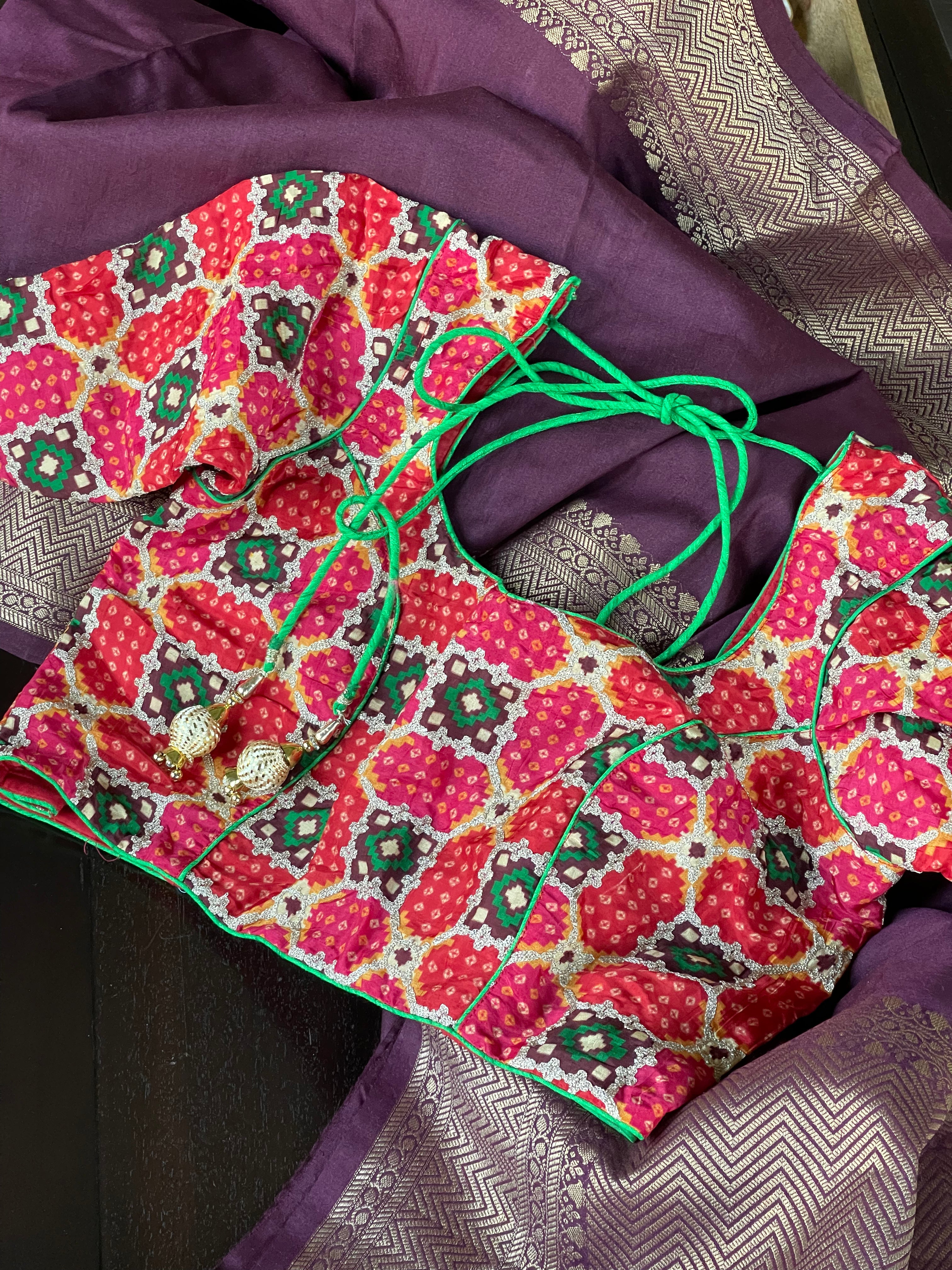 Designer Blouse - Orange Red Green Woven