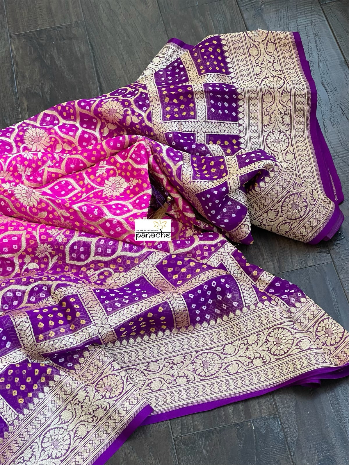 Bandhej Khaddi Georgette Banarasi - Pink Purple