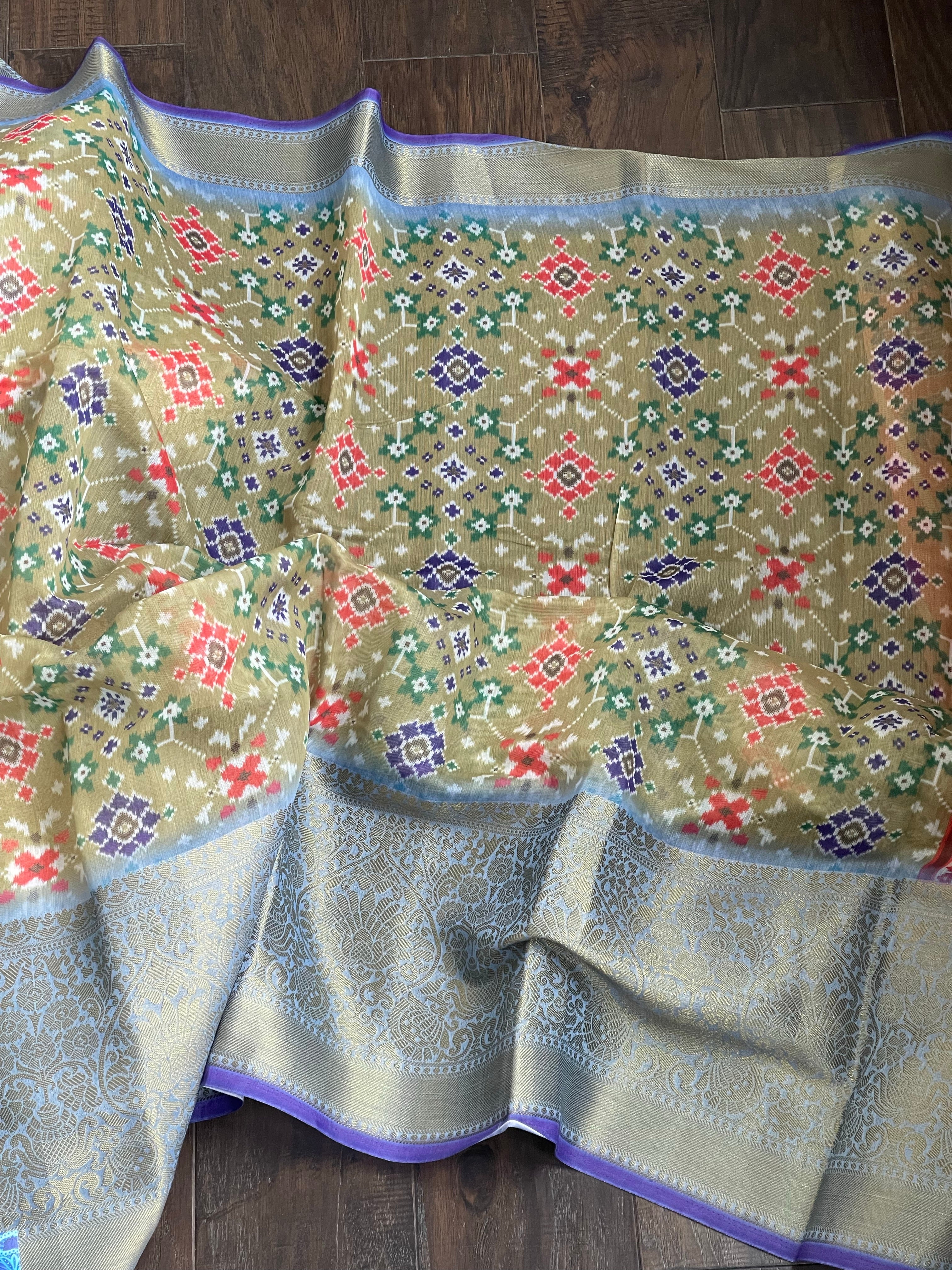 Soft Chiniya Silk - Moss Green Grey Purple