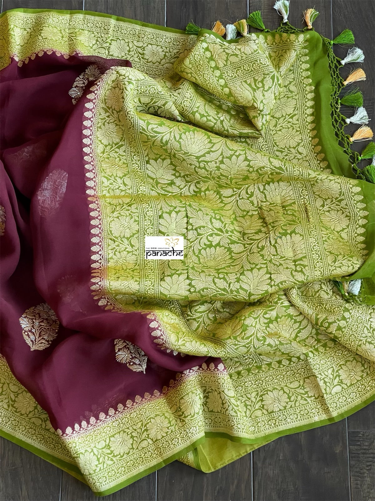 Khaddi Georgette Banarasi - Maroon Mehendi Green Kadwa