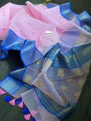 Pure Chanderi Organza Silk - Baby Pink Blue Eknaliya
