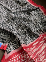 Pure Murshidabad Silk - Black White Red Printed