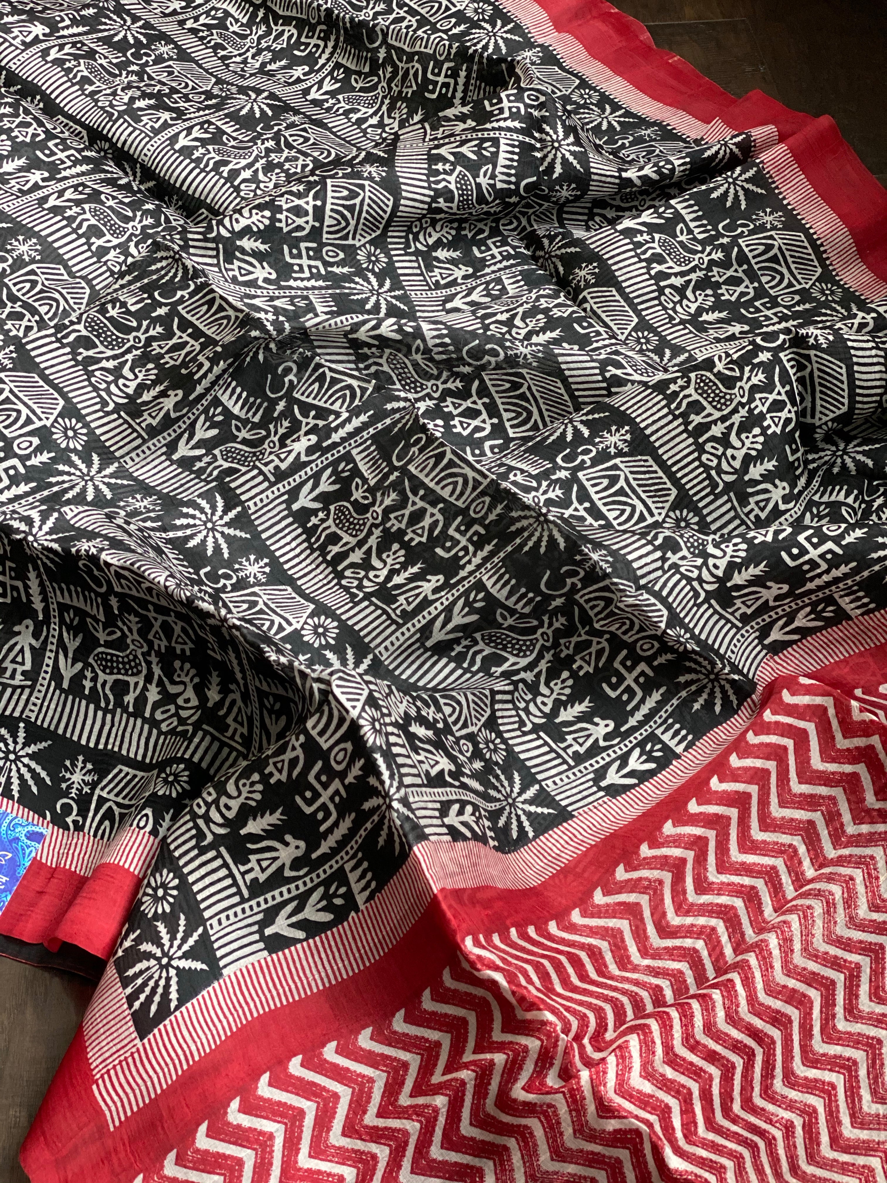 Pure Murshidabad Silk - Black White Red Printed