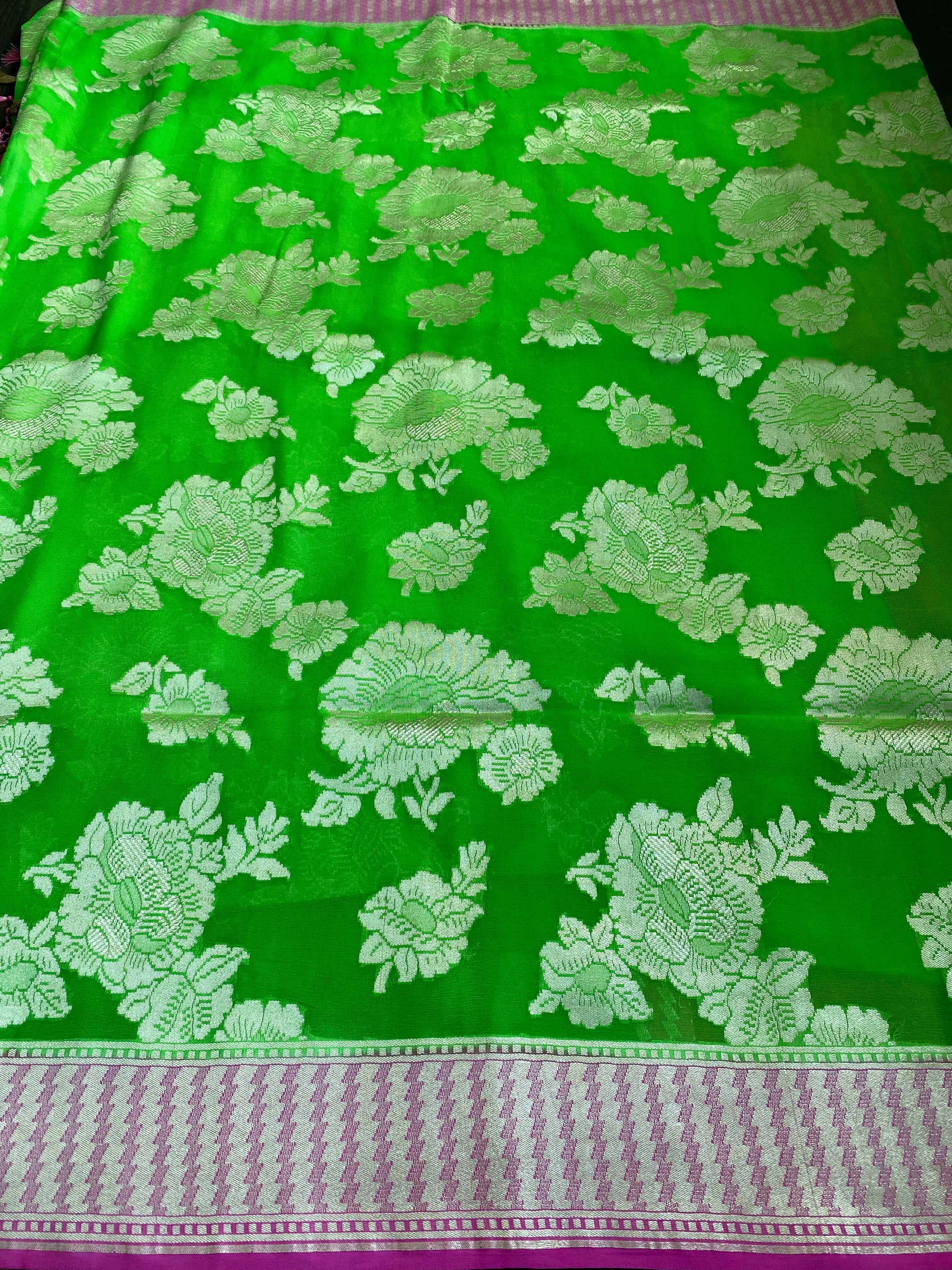 Khaddi Georgette Banarasi - Green Pink