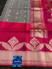 Kora Linen Silk Banarsi - Black White Checks Pink