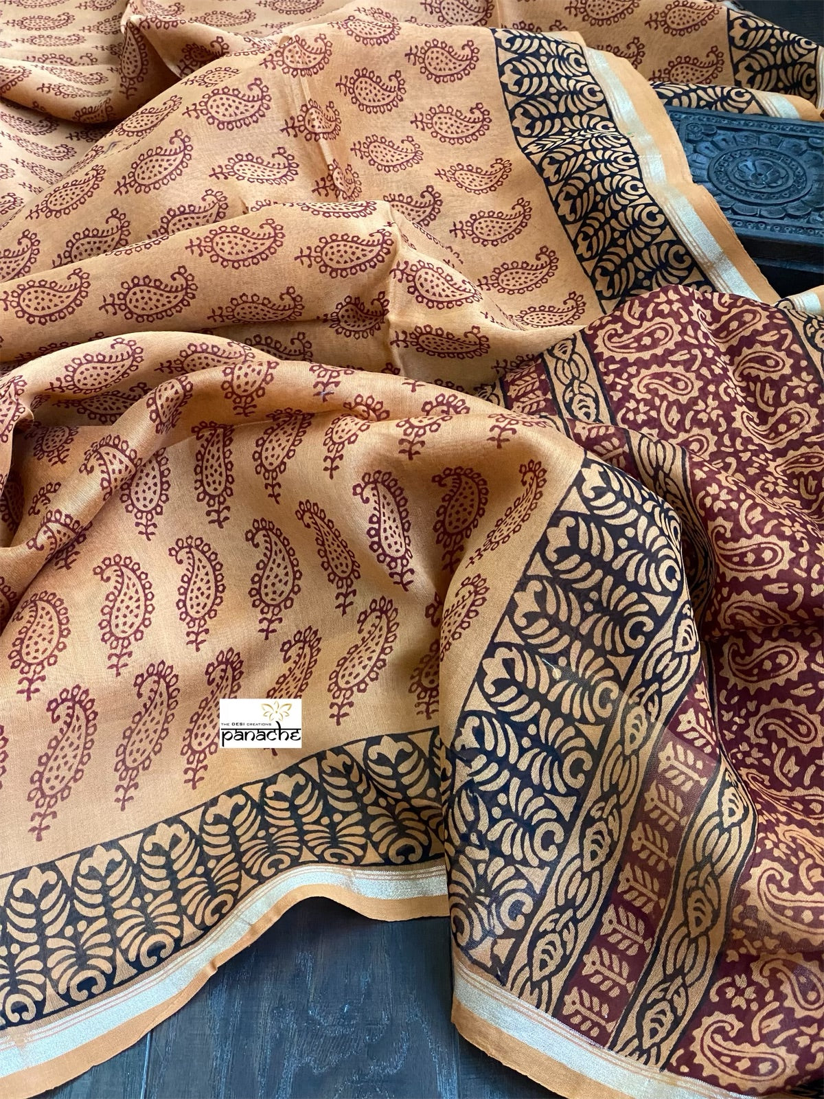 Bagh Print Saree - Light Apricot Silver Zari