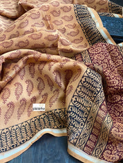 Bagh Print Saree - Light Apricot Silver Zari