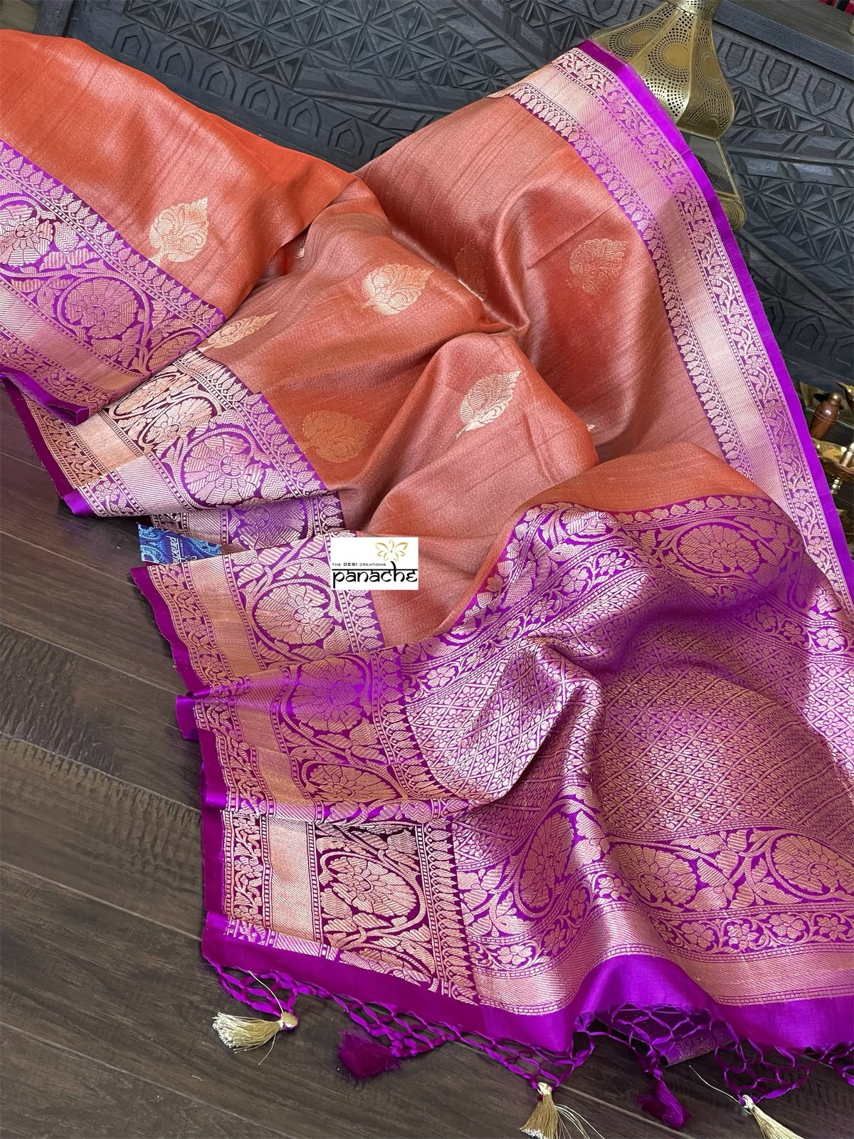 Tussar Silk Banarasi - Rust Orange Purple