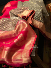 Kora Linen Silk Banarsi - Black White Checks Pink