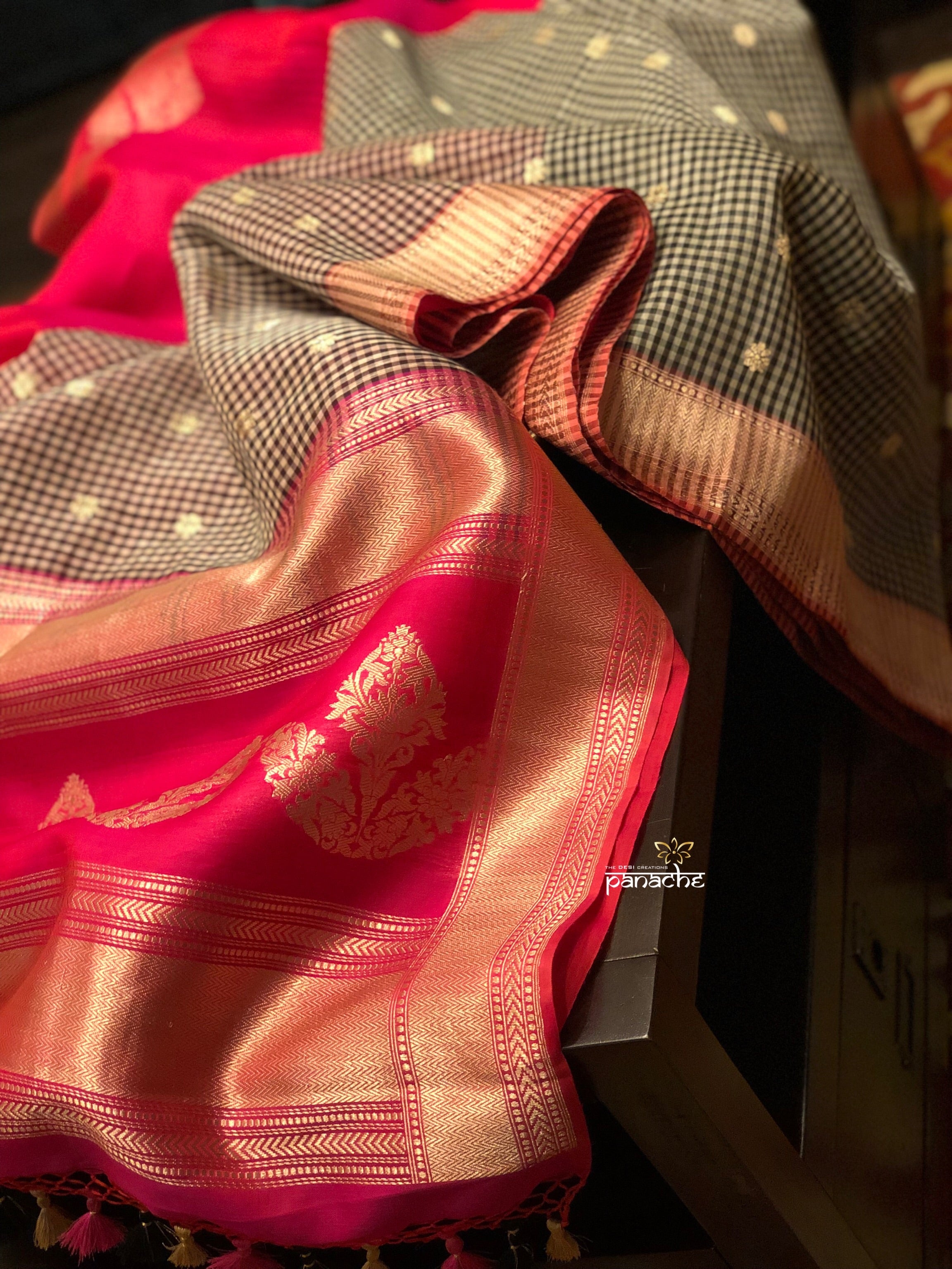 Kora Linen Silk Banarsi - Black White Checks Pink