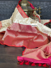 Pure Katan Silk Checkered Banarasi - Golden Beige Magenta Red Kadwa woven