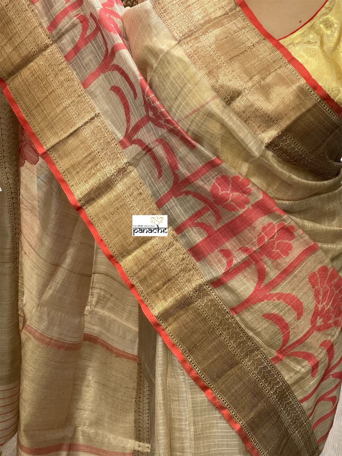 Tussar Silk Banarasi - Beige Red Antique Zari