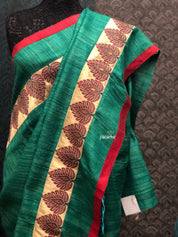 Designer Tussar Gicha Silk - Green Zari Motifs