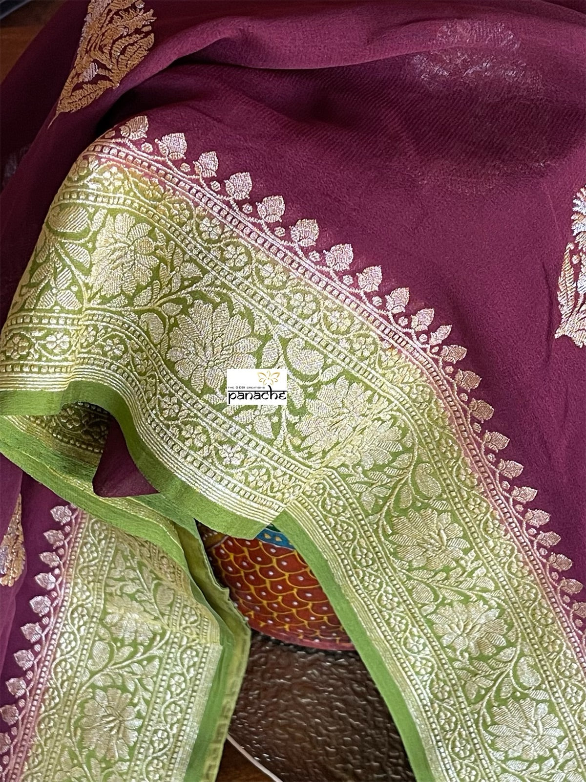 Khaddi Georgette Banarasi - Maroon Mehendi Green Kadwa